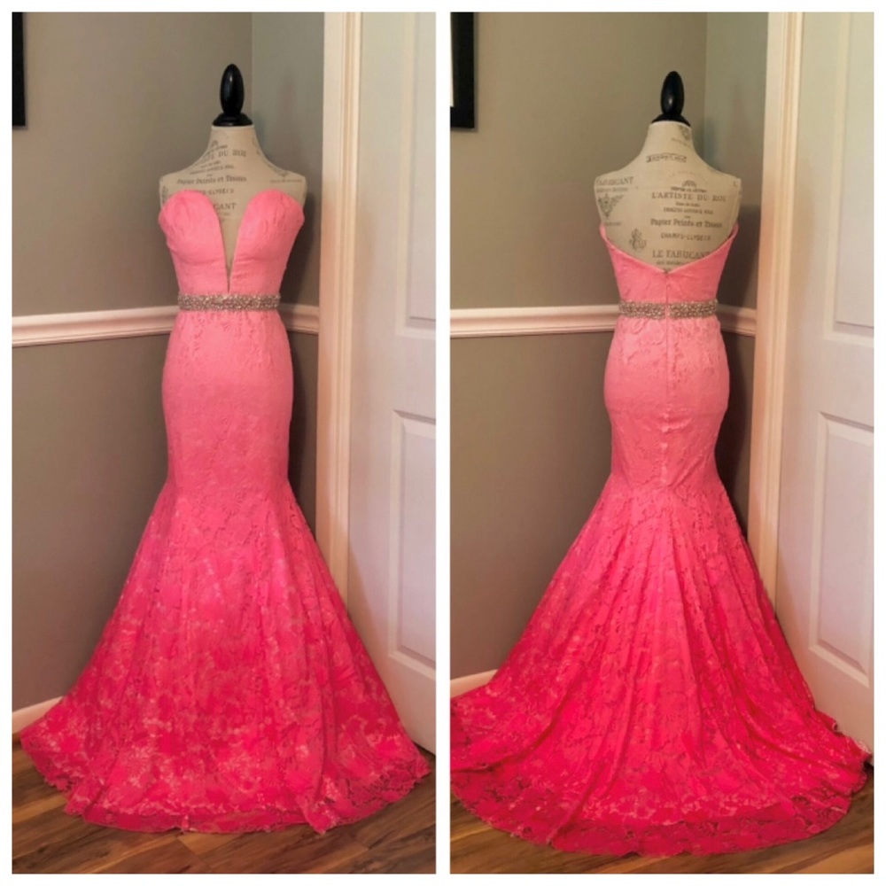 NEW JOVANI PINK LACE OMBRÉ JEWELED EVENING GOWN